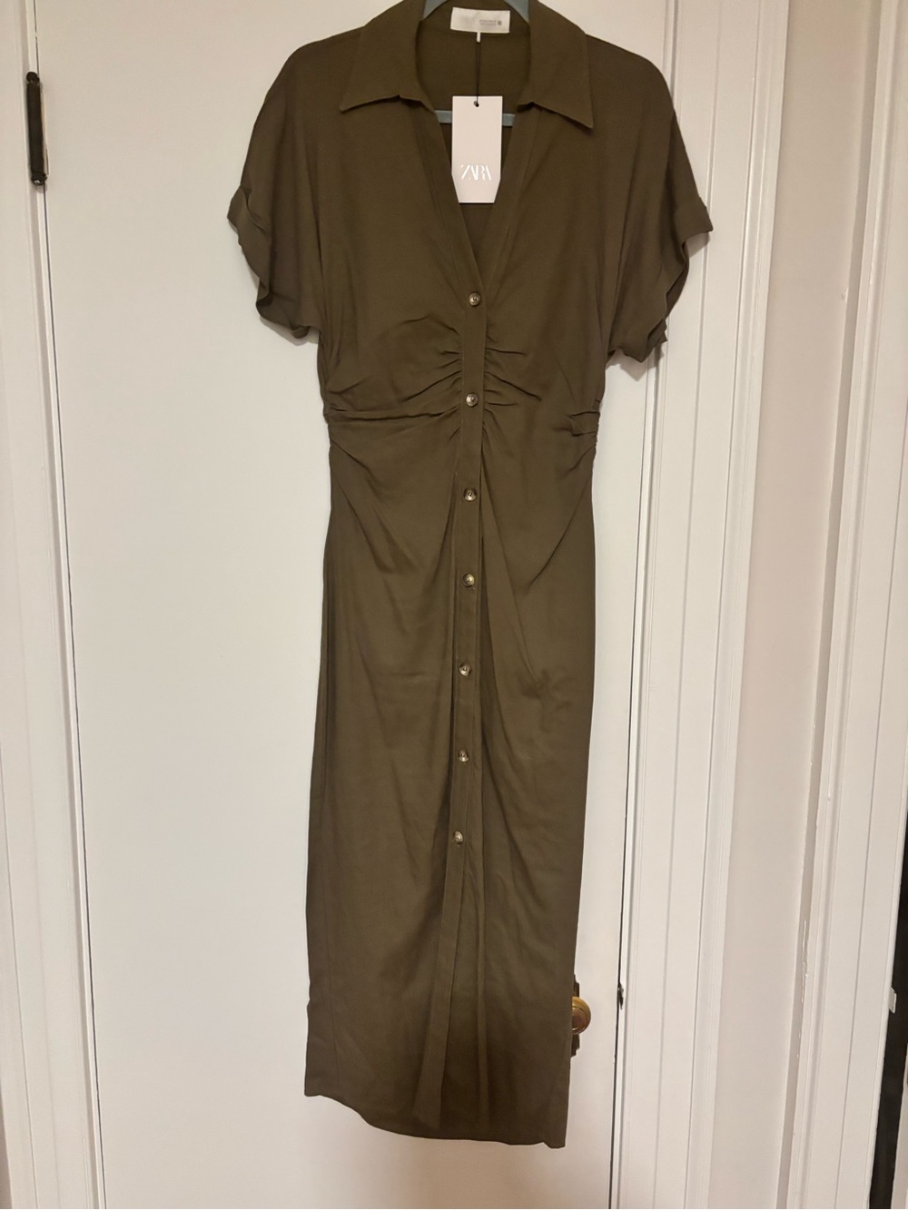 Zara Olive Button-Front Ruched Midi Dress - Picture 2 of 4